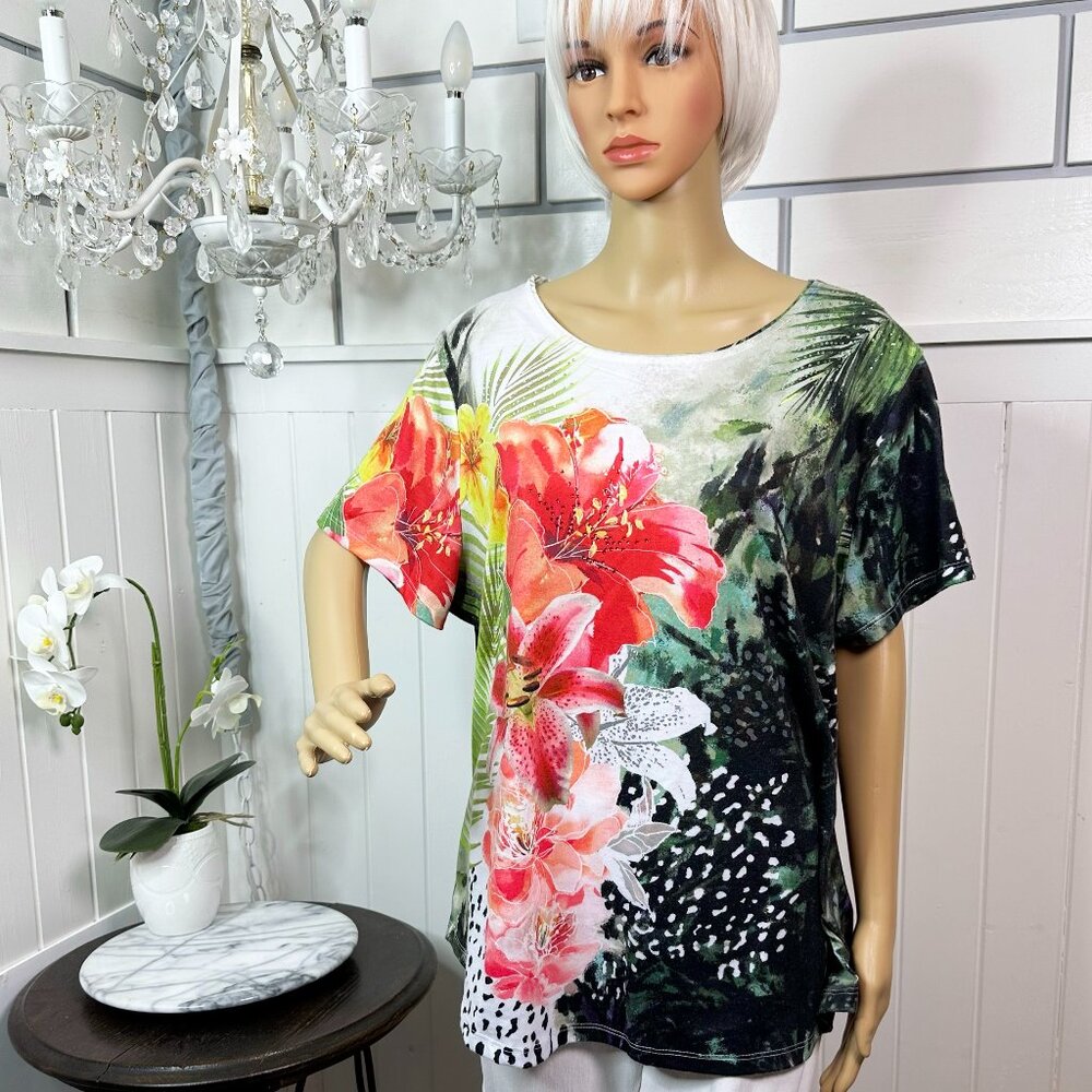 Allison Daley Floral Multi-Color Bling Top Size 1X